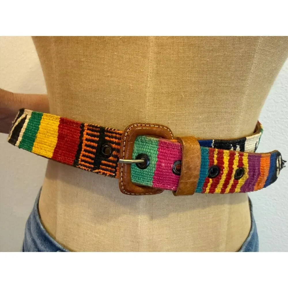 Vintage Tapestry Leather Colorful Woven Guatemalan Belt Women 30-34 inch